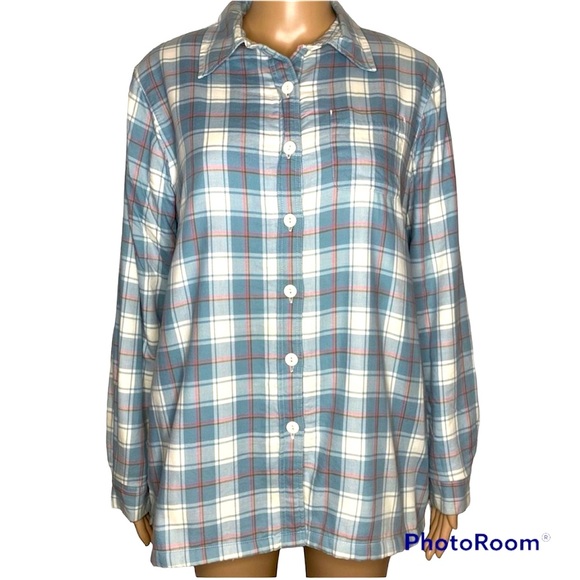 L.L. Bean Light Blue & Pink Plaid Fleece Lined Long Sleeve Button Down Shirt - Picture 2 of 7